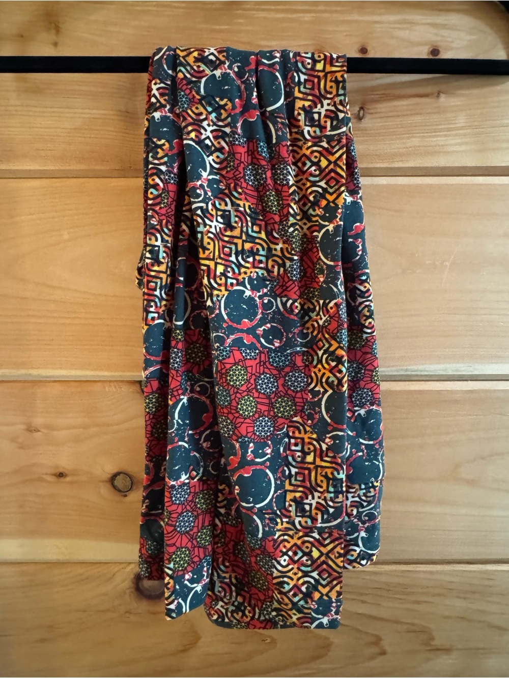 LuLaRoe Leggings in Black, Red & Yellow Geometric Print